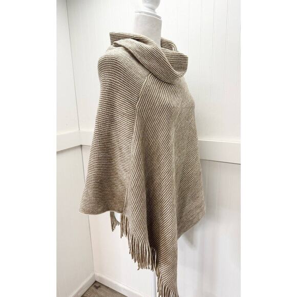 Chicos Cowl Neck Poncho OS Beige/Tan Metallic Striped Knit Sweater Fringe NEW - Picture 4 of 8